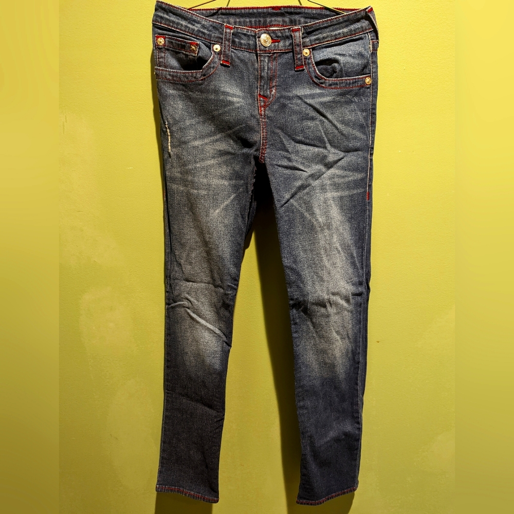 True Religion, size 16, blue wash with red sewing. Like new. No tears/rips